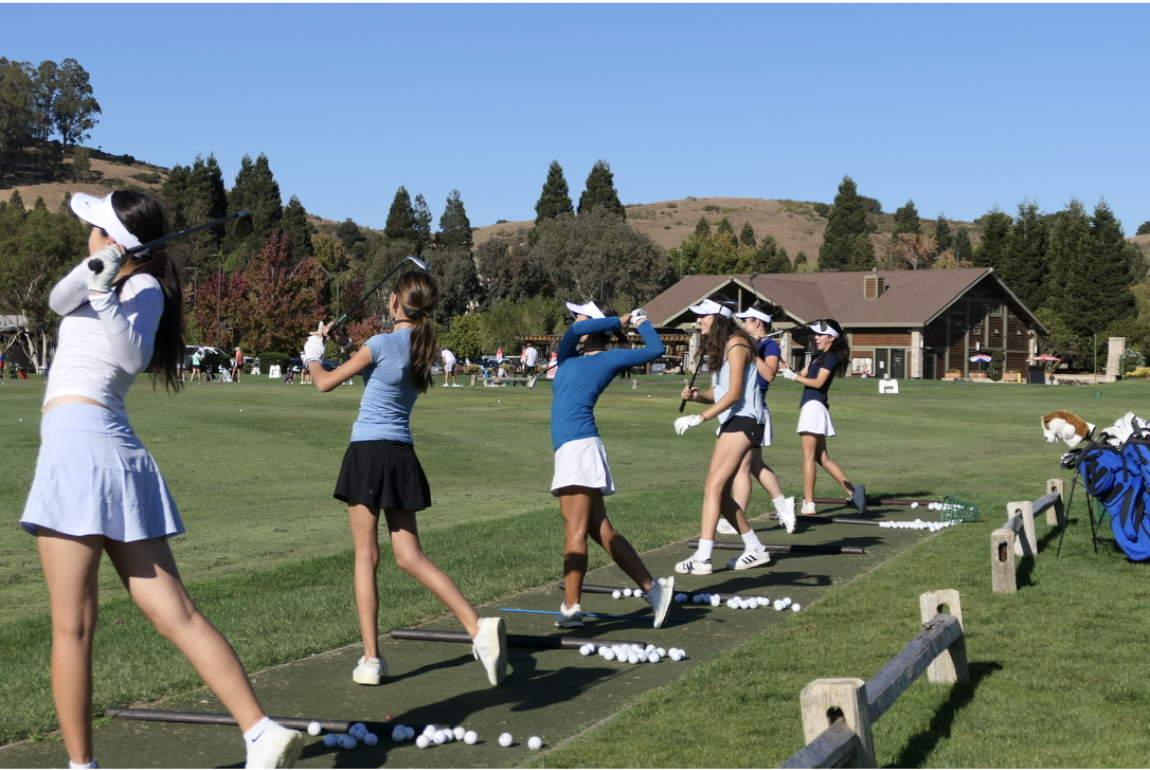 (From left to right) Kaitlyn Schlipf '28, Dorian Drako '28, Lizzy Liu '25, Ryka Kashi '26, Skylar Lariviere '26 and Katya Kong '27 practice their swings. The girls varsity golf team is looking to win big in the upcoming MCAL tournament.